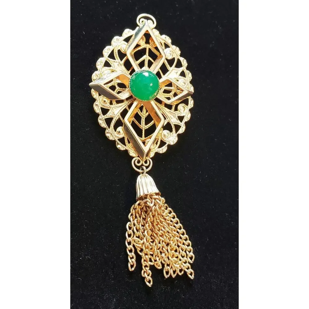 Sarah‎ Coventry Brooch Pin Peking Green Glass 3.5